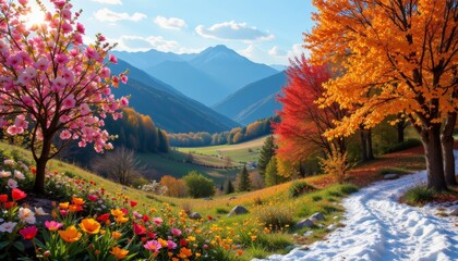 Vibrant Autumn Mountain Landscape with Blossoms