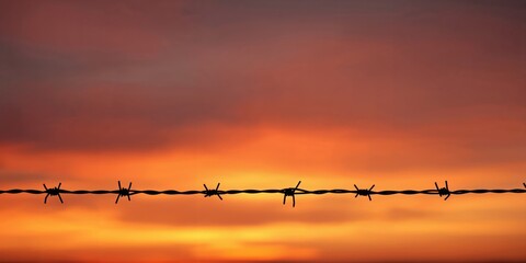 Barbed wire in sunset background, pattern and sky, used as a natural barrier at dusk, Earth Day