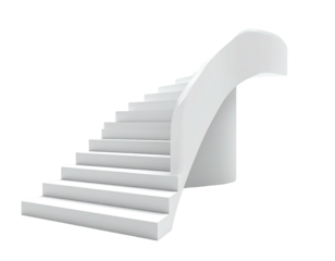 A minimalist, isolated, curved white staircase against a stark black background