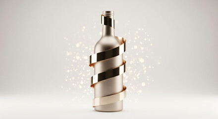 Gold champagne bottle with gold ribbon and gold glitter stars on beige background