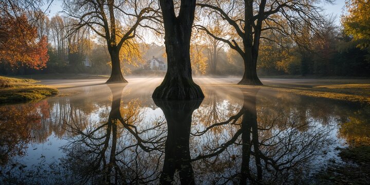 Bald cypress trees reflected in a pond among water and sky, emphasizing seasonal landscape and nature preservation