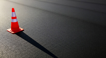 Bright orange plastic traffic cone standing in the center of a wet black asphalt road covered in dense white smoke during