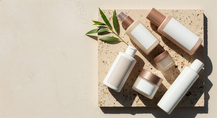 Cosmetic product displays on beige background Top view.