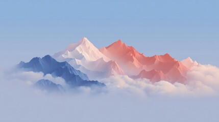 Illustration of abstract mountain range background with red and blue colors. Generative AI. Risograph style