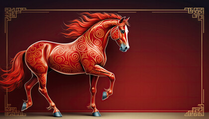 Artistic Red Horse With Golden Swirl Patterns And Traditional Border Frame For 2026