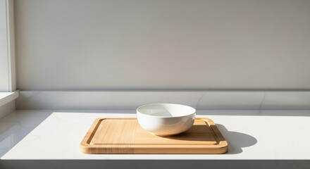 Minimalist kitchen still life with white bowl wooden utensils and cutting board