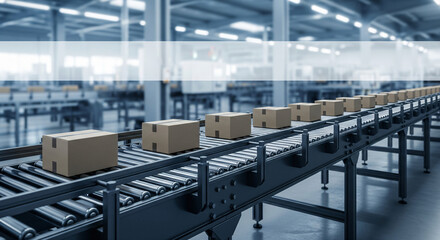 Cardboard boxes on a conveyor belt in an industrial setting