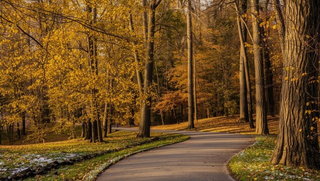 Path through the autumn forest with fallen leaves and snow, highlighting seasonal change