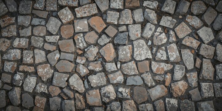 Old stone sidewalk with weathered cobblestone surface, serving as an urban pattern background