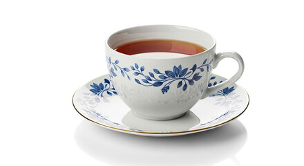 Fototapeta premium Elegant White Teacup with Blue Floral Design Filled with Amber Tea.