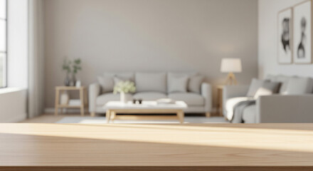 Empty Rustic Wooden Tabletop with Blurred Bright Modern Living Room Interior Background, Ideal for Product Display or Mockup Presentation