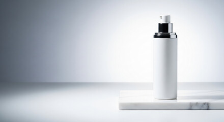 Luxury cosmetic bottle mockup on white marble background with shadow