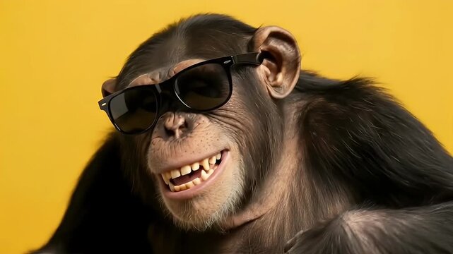 A charming close-up captures a chimpanzee wearing stylish black sunglasses, showcasing its playful personality against a bright yellow background. The intelligent primate's expression shifts from a wi