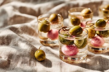 Colorful cocktail glasses showcase olives and pickled vegetables
