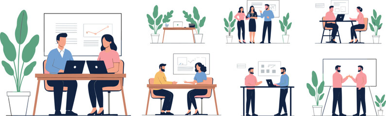 Business meeting illustrations, teamwork collaboration scenes, office discussion concepts, corporate communication vector set, professional workplace interaction graphics for presentations