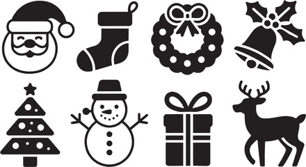 Christmas gift doodle icons set. Present, sock, wreath, snowman, holiday celebration, festive winter illustration