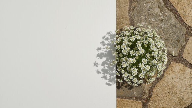 Snow in summer cerastium tomentosum, white flower with light green leaves and stone in the background, seasonal change awareness