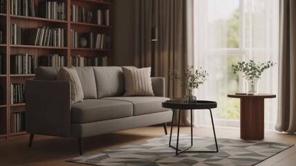 Fototapeta premium Cozy living room with a sofa, bookshelf, and natural light streaming in