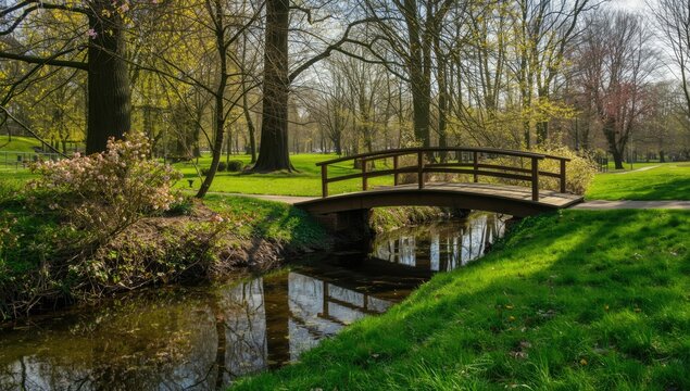 Bridge and water in Park Sonsbeek in Arnhem, nature scene emphasizing seasonal greenery during springtime