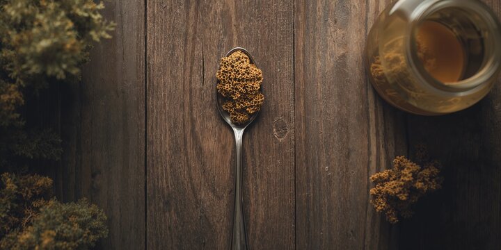 Top view of a wooden surface featuring parmelia sulcata in a spoon, emphasizing its use in herbal medicine and skincare, World Herbal Medicine Day