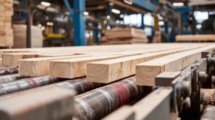 Documentary photo of wood processing line with fresh timber boards moving along conveyor, showcasing precision and craftsmanship in a clean workshop environment