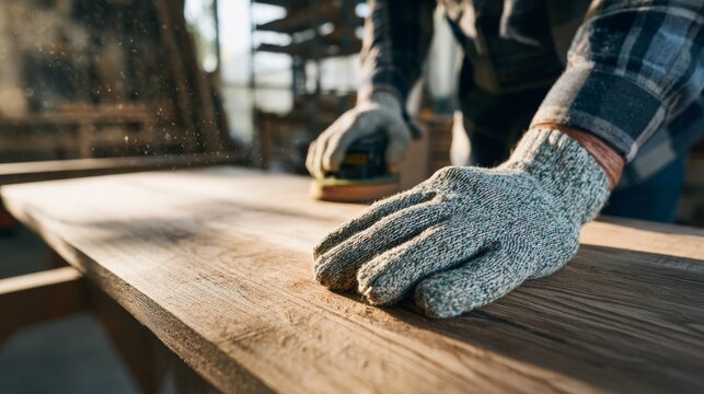 Craftsman sanding a wooden board by hand in a sunlit workshop, showcasing craftsmanship and attention to detail in woodworking process