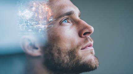 Male model with tech overlay projected on head, contemplating mental health and neurodiversity, showcasing innovative concepts and emotional depth