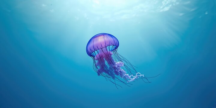 Jellyfish with purple body and blue tentacles in open water, marine life observation