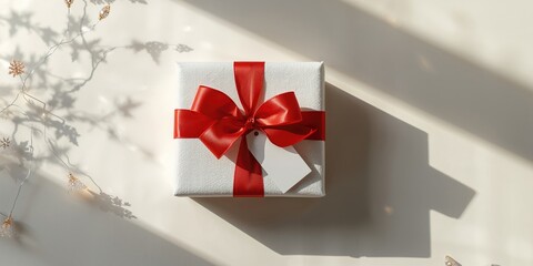 Red ribbon with bow and tag, used as a gift wrap accessory for decoration