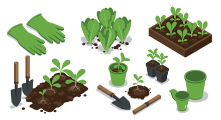 Isometric gardening tools and seedlings for home planting enthusiasts