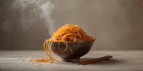 Hot dry noodles served in a bowl emphasizing traditional preparation, suitable for culinary heritage appreciation