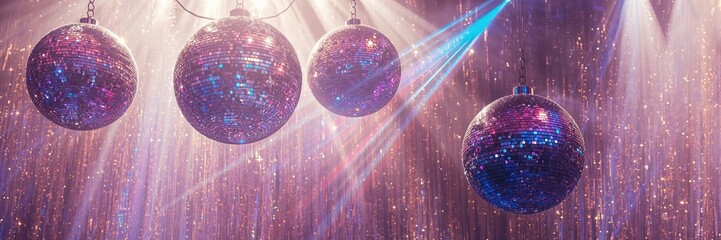 Shiny bright disco balls under lights, used as a lively dance floor decoration