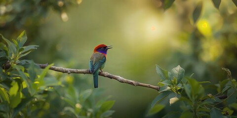 Fototapeta premium Majestic bird resting on lush branch in the Danube Delta, emphasizing natural habitat preservation