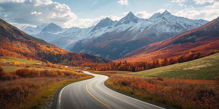 Intertwined roads in a four seasons fantasy landscape emphasizing seasonal transition, autumnal mountain scenery