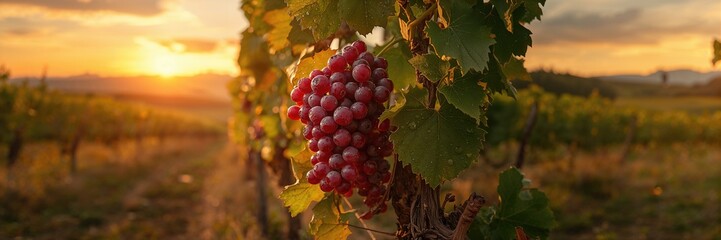 Fototapeta premium Almost ripe red grapes in the vineyard, emphasizing the harvest season and agricultural cycle