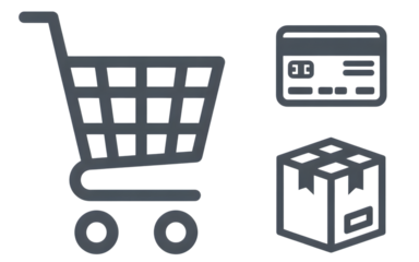 Shopping cart credit card and package icons on black background