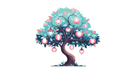 Enchanting Illustration of a Fantastical Tree with Glowing Fruits and Serene Foliage, evoking a sense of magic and whimsical nature