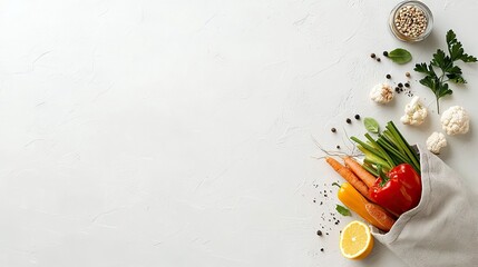 A collection of fresh, colorful vegetables and herbs, including carrots, bell peppers, cauliflower, scallions, parsley, and a lemon, are arranged on a white tex