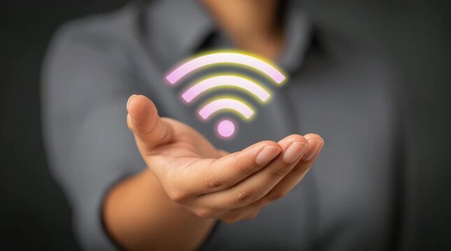 Demonstrating wireless technology with colorful signals and open hands in a modern setting