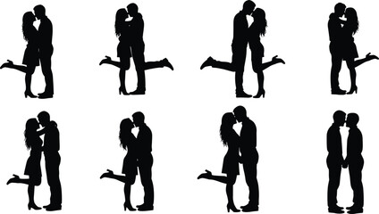 Eight Silhouettes of Couples Kissing and Hugging on White Background love romance
