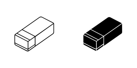 Illustration of an eraser, presented in both outline and solid black versions isolated on
