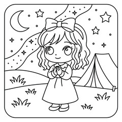 Cute Girl Under Starry Night Sky at Campsite – Coloring Page