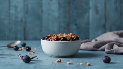 Fresh blueberry crumble in a serving bowl with cinnamon on a blue background, breakfast dessert presentation