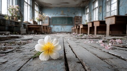 Flower blooms on dusty floor in abandoned classroom with old wooden desks by windows