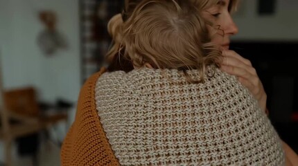 Emotional moment between parent and child as they share warmth and comfort in a cozy setting