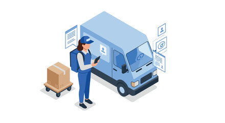 Delivery service concept with isometric cargo van and worker using digital device