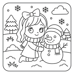 Cute Girl Building a Snowman – Winter Coloring Page