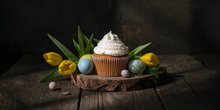 Easter scene with a powdered cupcake, yellow tulips, and decorated eggs, emphasizing holiday tradition and family celebration