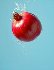 Fresh Red Pomegranate Floating in Water Bubbles on light Blue Background, Juicy Whole Fruit, Healthy Nutrition Illustration