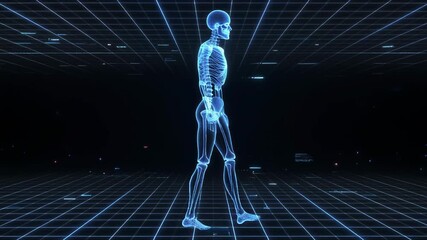 Futuristic glowing human skeleton walking on digital grid - Powered by Adobe